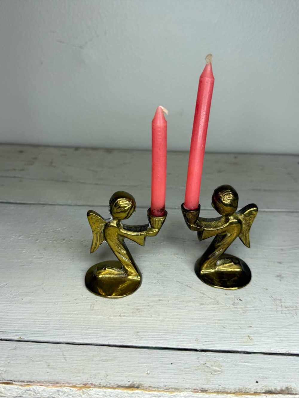Brass Angel Candle Holders with Pink Candles - Set of 2